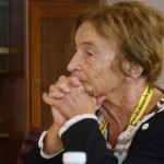 Agnes Heller, a Hungarian philosopher, listens to a question during her press conference.