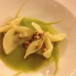 Potato gnocchi with walnuts and a zucchini puree.